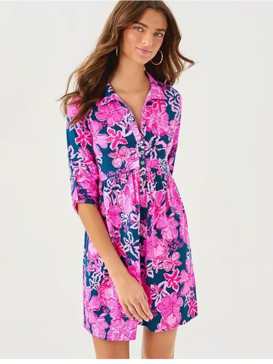 Lilly Pulitzer Dresses & Skirts - Lilly Pulitzer Xs Sarlyn popover shirtdress starlight navy once and floral